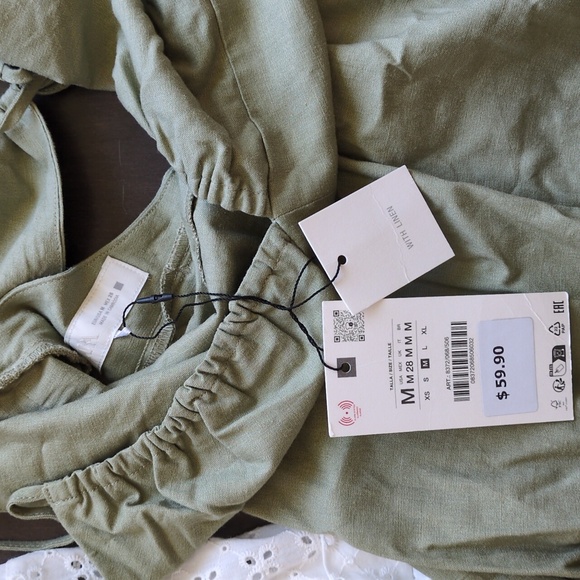 Zara Olive Green Linen Dress And Eyelet Top - Picture 6 of 6